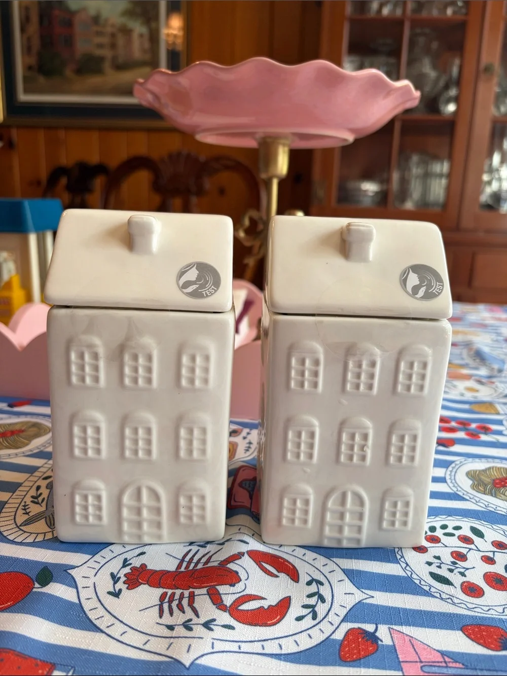 Two White Ceramic House Caramel Apple and Spice Lidded Candles
